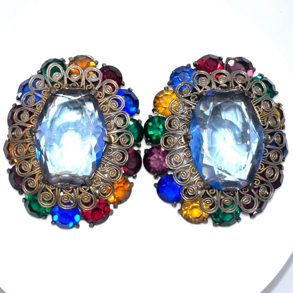 1930s 1940s Art Deco large multicolor Czech glass rhinestones set 2 dress clips